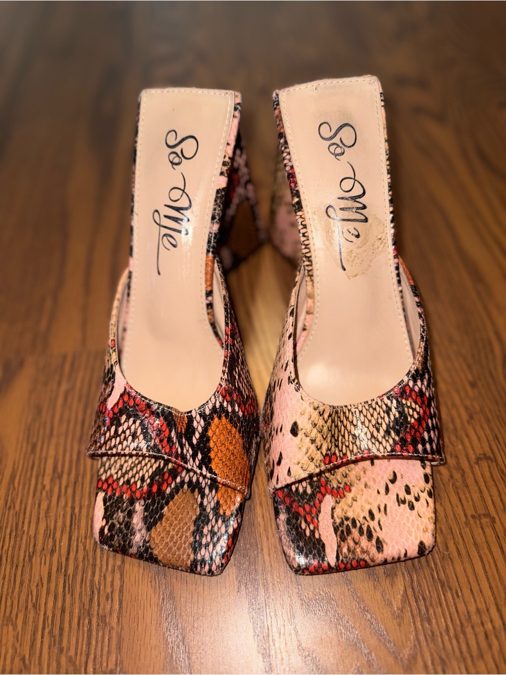So Me Pink Multi Snake-Print Square Toe Slide Heels